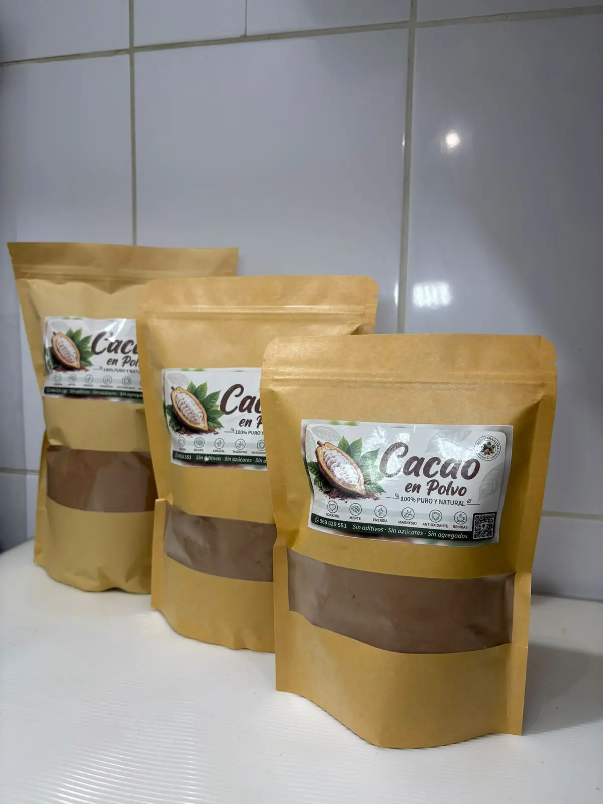 Cacao en polvo en bolsas de papel kraft, presentaciones 250 g, 500 g y 1 kg
