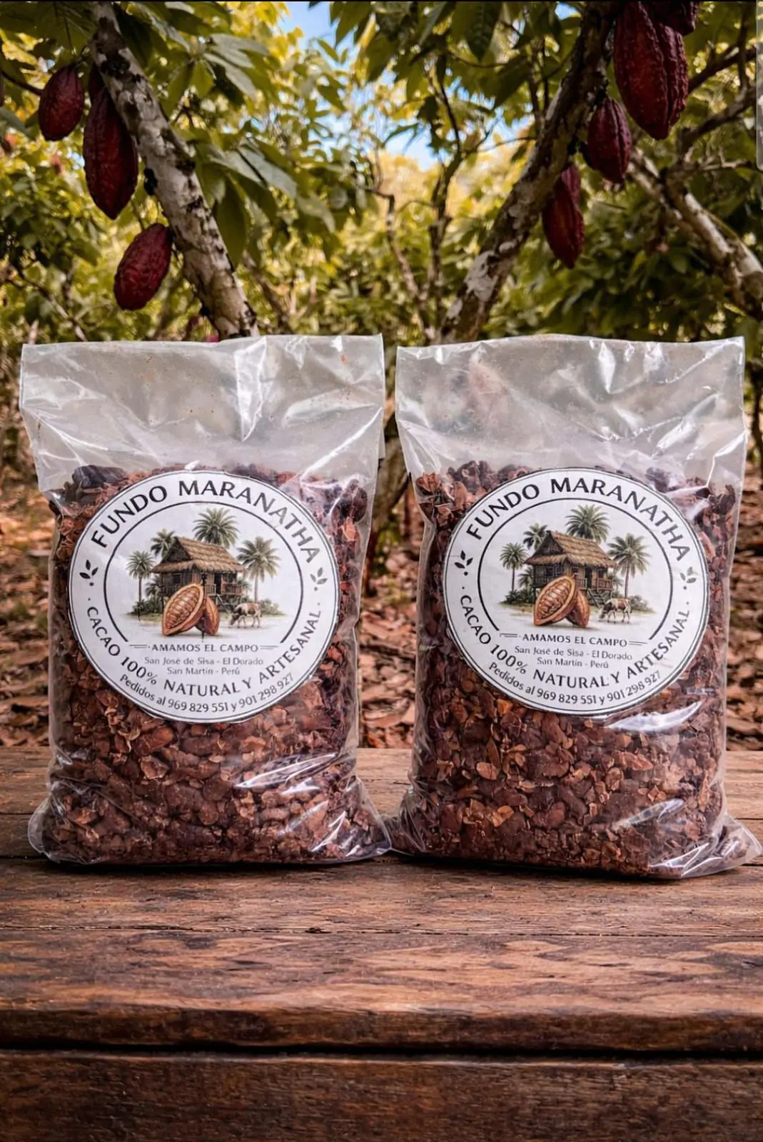 Cacao nibs with Fundo Maranatha background