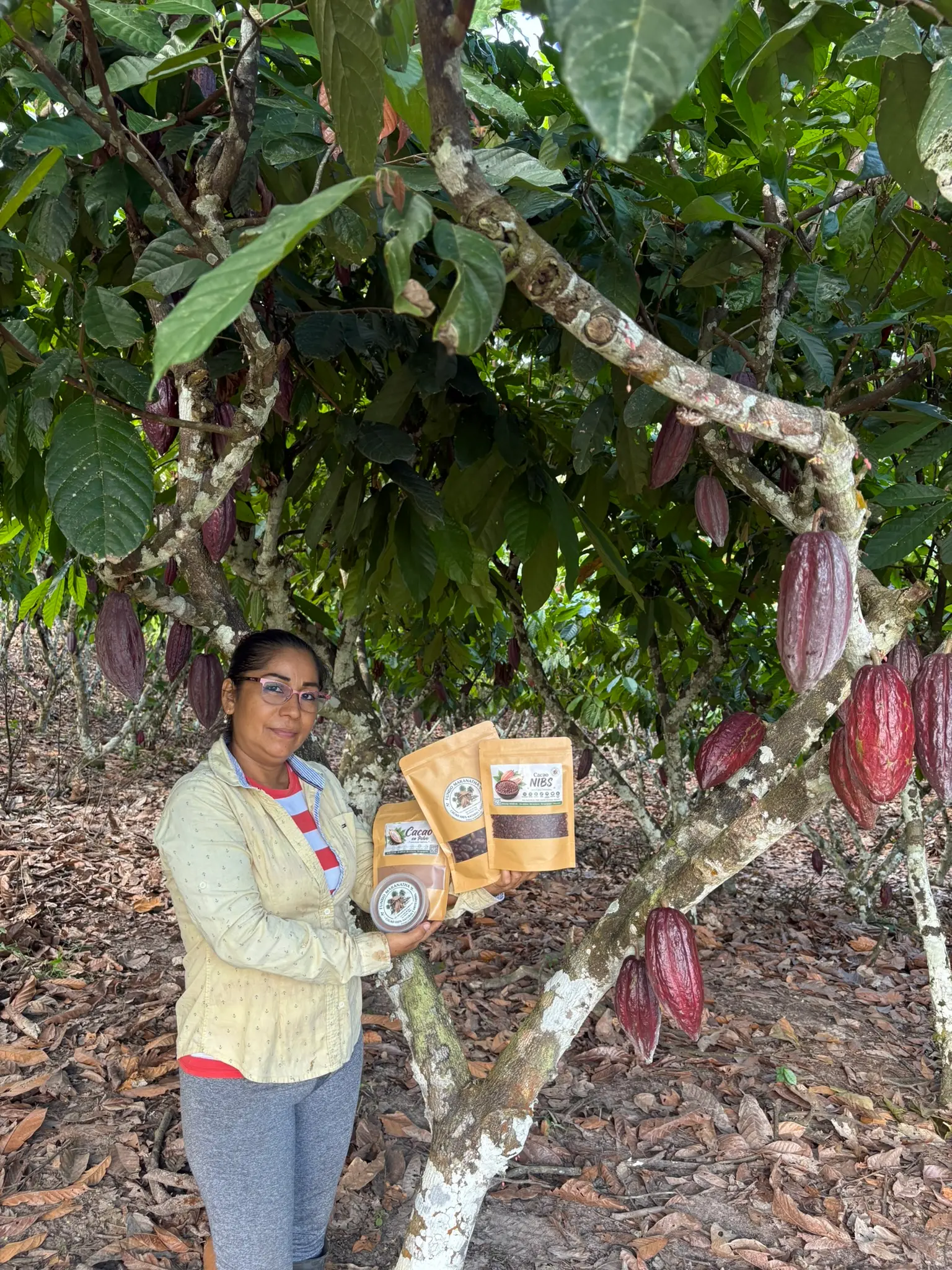 Nuestros productos en papel kraft junto a las plantas de cacao