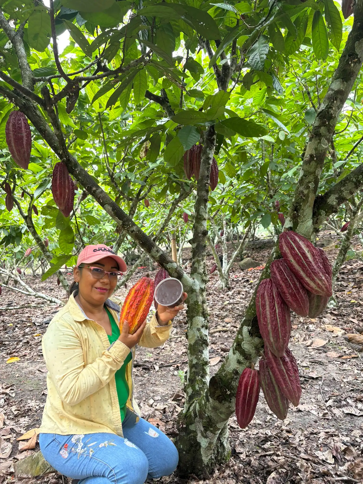 Maranatha family with cacao paste next to a cacao tree